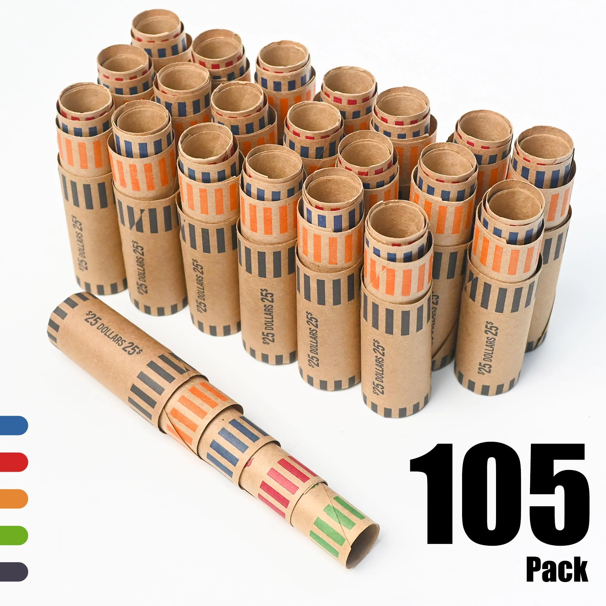 L LIKED 105 Assorted Preformed Coin Wrappers 21 Quarters, 21 Pennies, 21 Nickels 21 Dimes and 21 Dollars (105 pcs) - Image 5