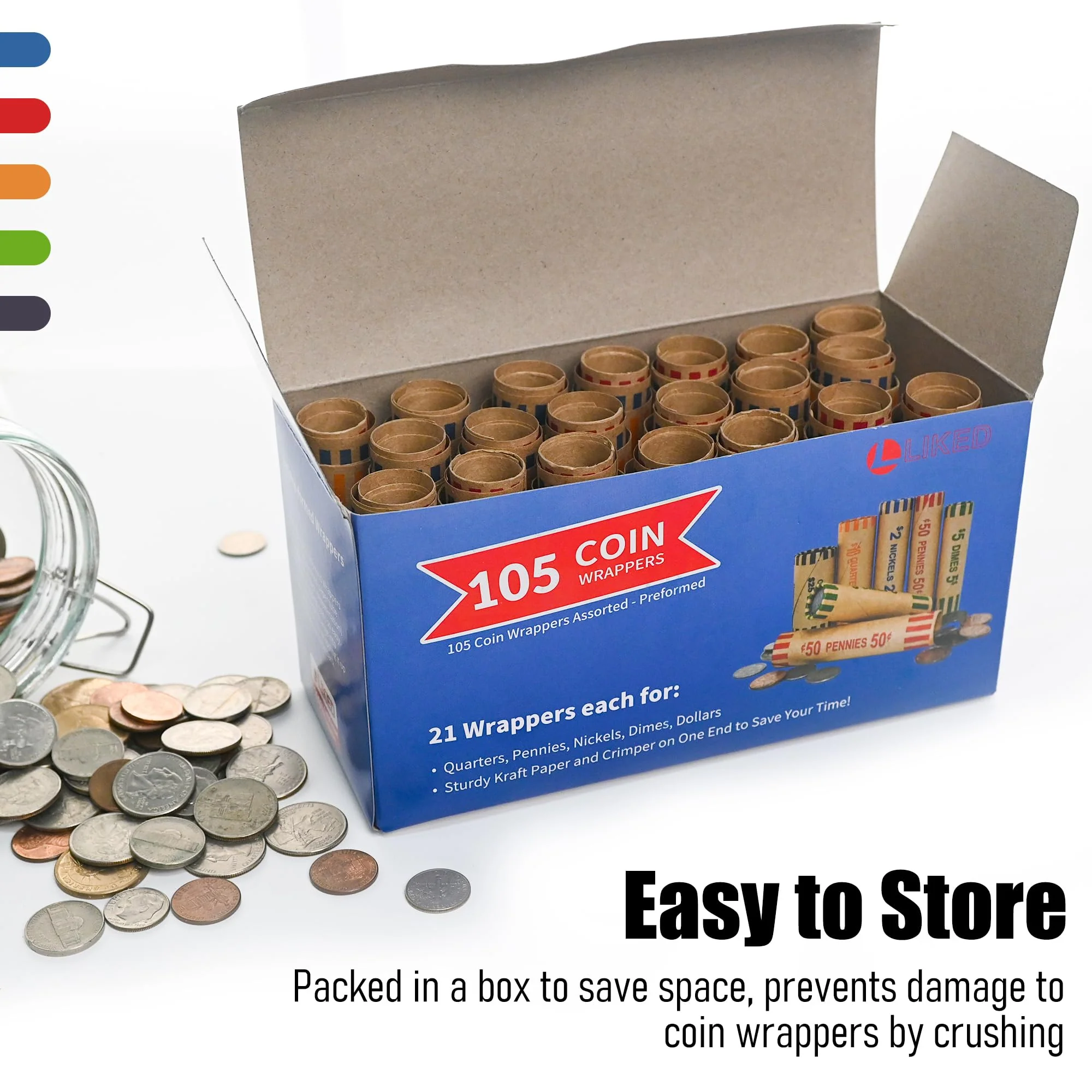 L LIKED 105 Assorted Preformed Coin Wrappers 21 Quarters, 21 Pennies, 21 Nickels 21 Dimes and 21 Dollars (105 pcs) - Image 7
