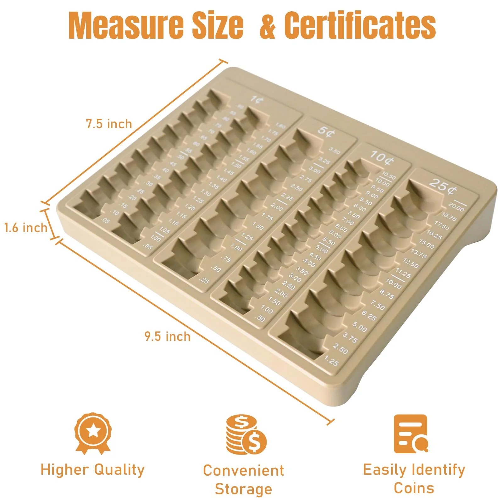 L LIKED 1PCS Brown Coin Counter Tray-Coin Sorter Tray with 150 Assort Coin Wrappers Included-5 Compartments Slots for Organization Pennies, Nickels, Dimes, and Quarters - Use for Bank,Home and Office - Image 4