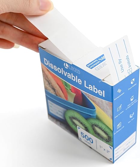 L LIKED 1x2 Inch Blue Dissolvable Food Labels - 500 Stickers,Fast Dissolving in 30 Seconds, Easy to Write On, No Residue,Dissolvable Labels for Food Containers, Storage Bins, Jars & Freezer - Image 3