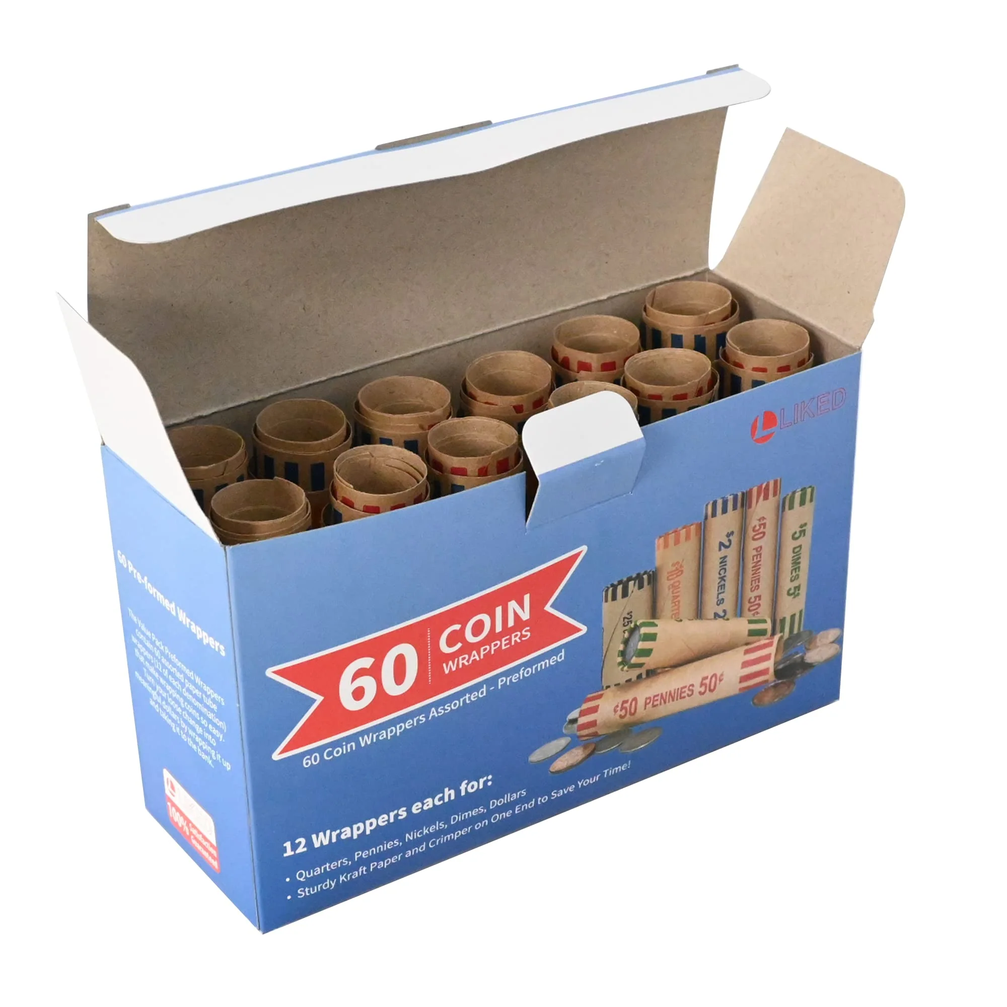 L LIKED 60 Assorted Preformed Coin Wrappers 12 Quarters, 12 Pennies, 12 Nickels 12 Dimes and 12 Dollars (60 pcs) - Image 3