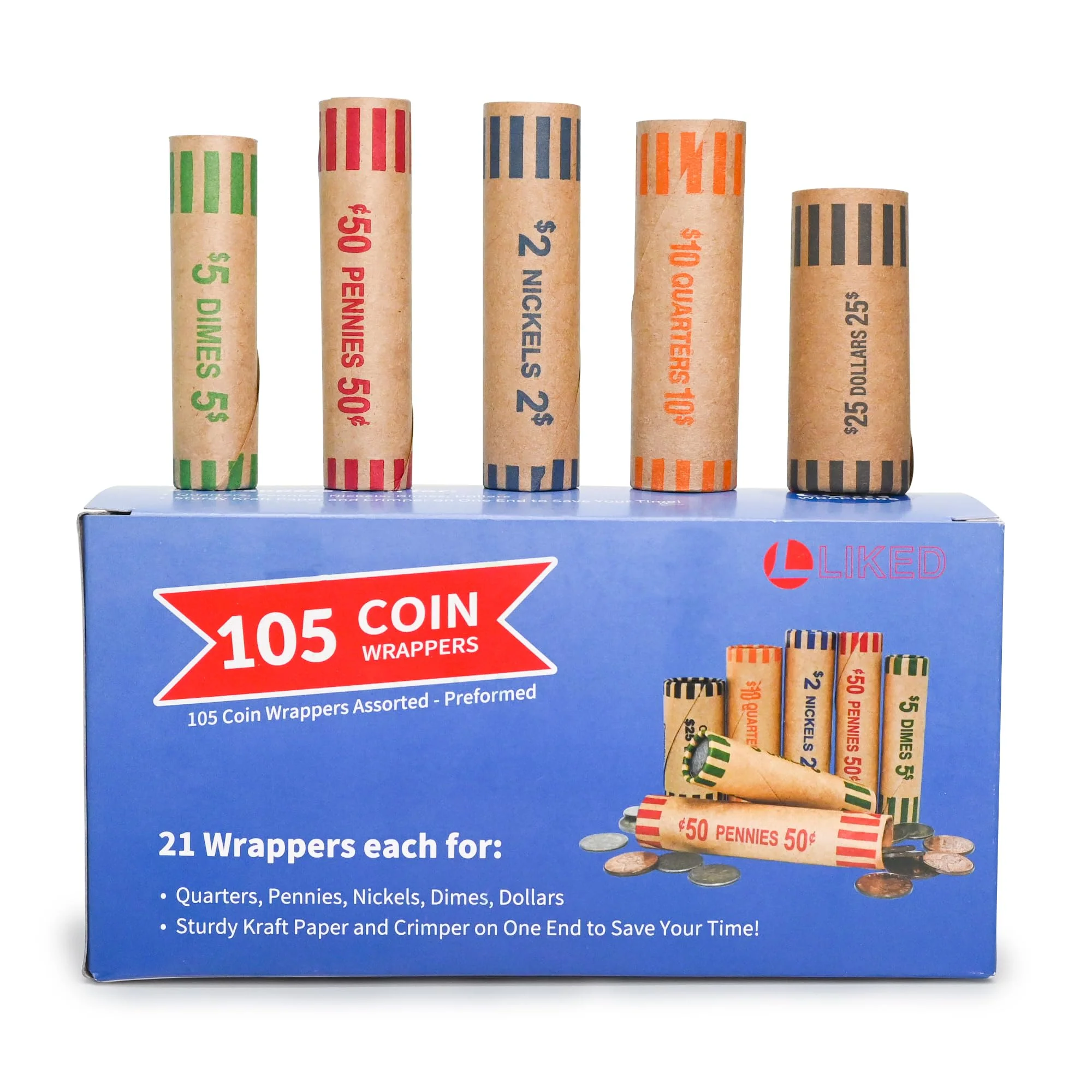 L LIKED 60 Assorted Preformed Coin Wrappers 12 Quarters, 12 Pennies, 12 Nickels 12 Dimes and 12 Dollars (60 pcs) - Image 8