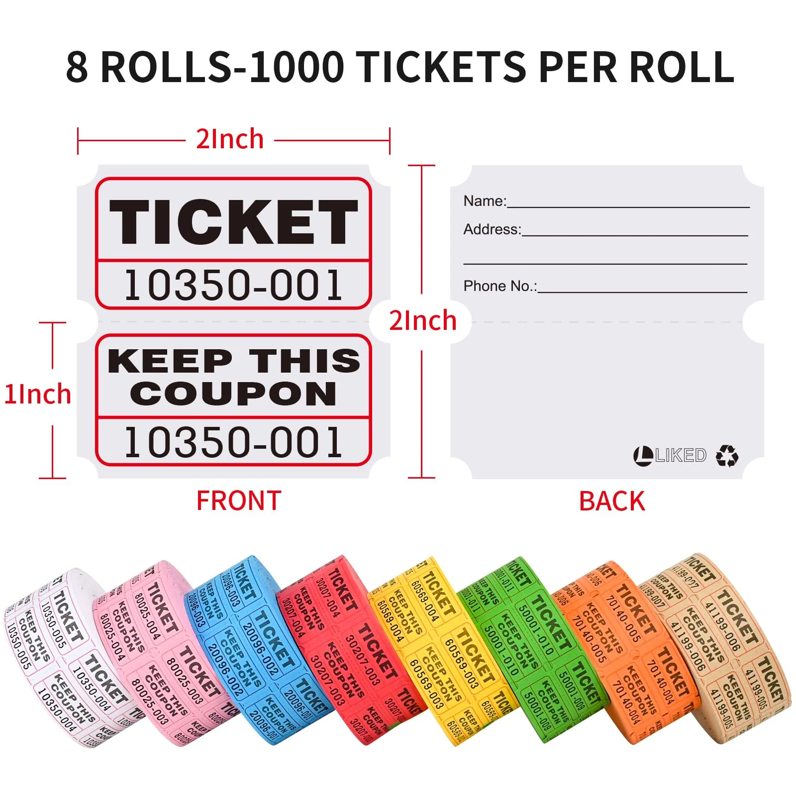 L LIKED 8000 Raffle Tickets 2" x 2" Raffle Tickets Consecutive Numbers for Events,Entry,Class Reward,Fundraiser & Prizes-1000 Tickets Per Roll,8 Rolls - Image 6