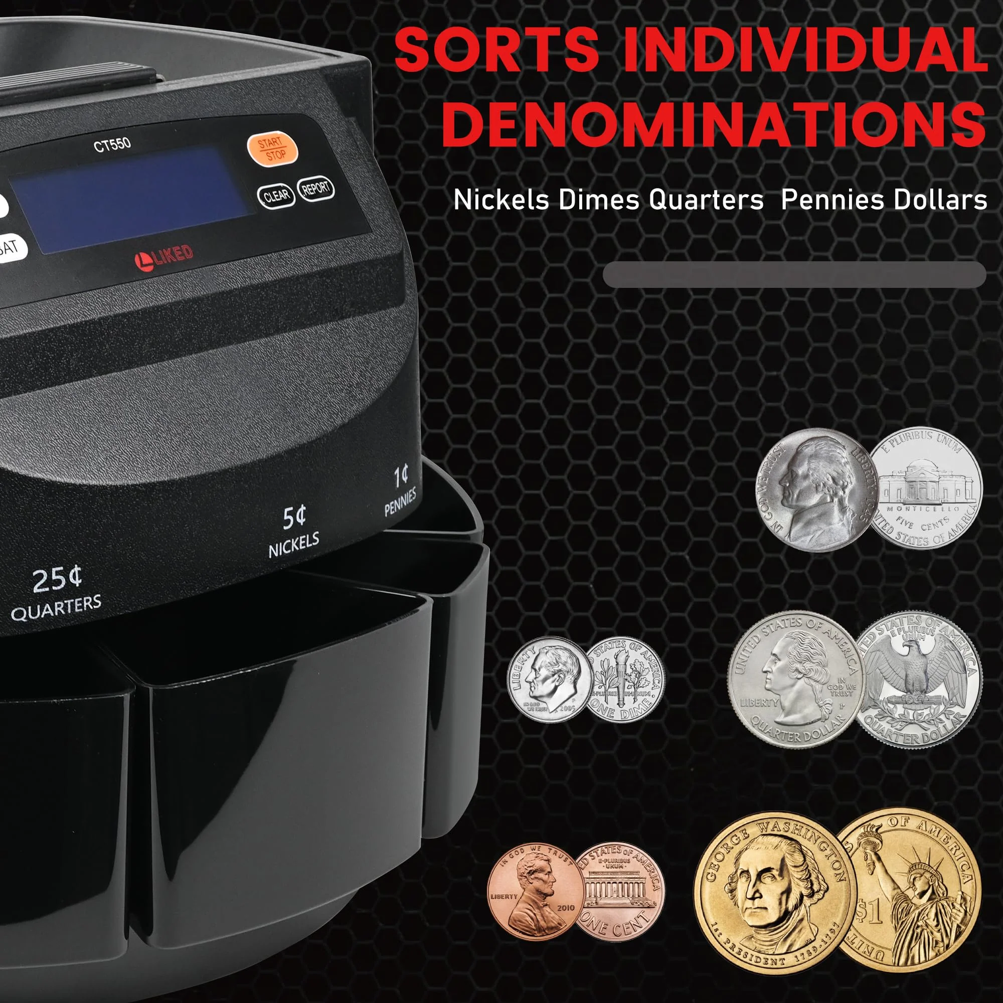 L LIKED CT550 USD Coin Sorter, Counter and Wrapper Machine Accurate sort for Nickels, Dimes, Quarters, Pennies, Dollars, Comes with 50 Performed Wrappers, 270 coins/min, LCD Display - Image 4